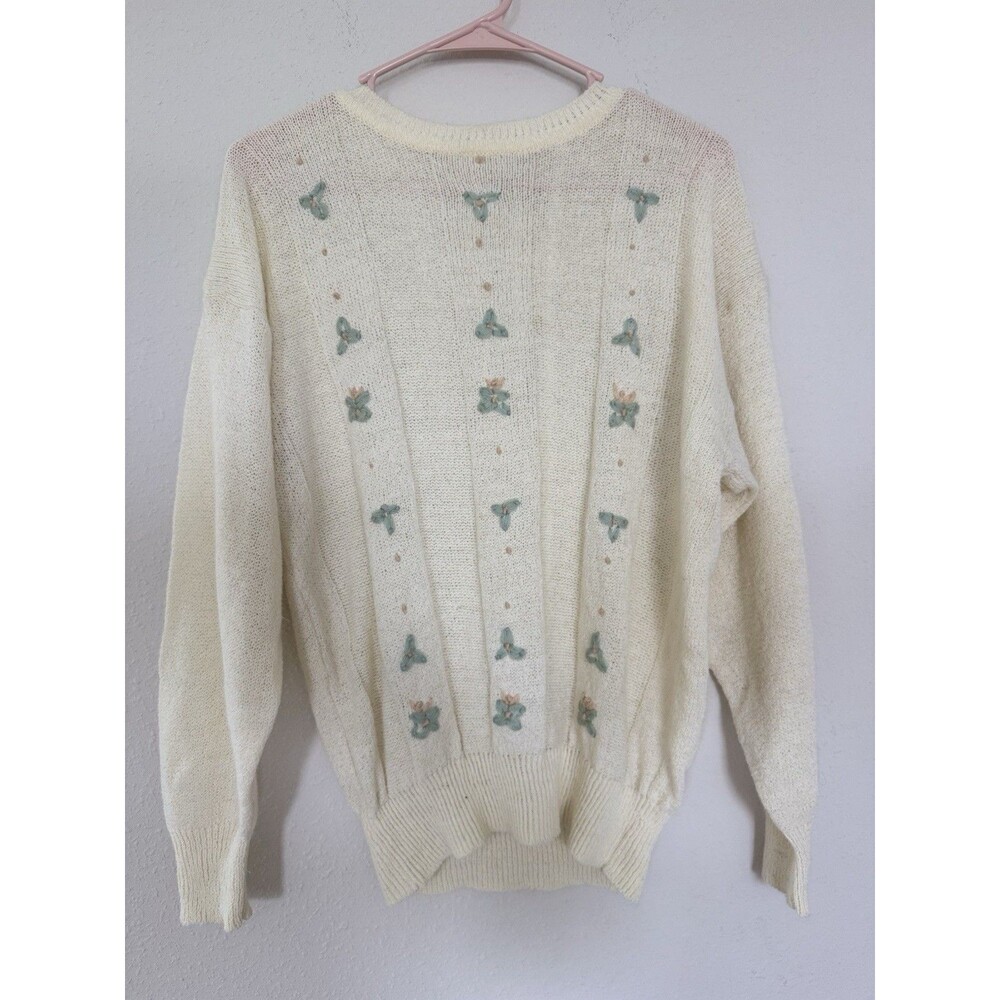 Vintage Cream Knit Floral Decal Crochet Sweater Cottagecore Grannie Coquette